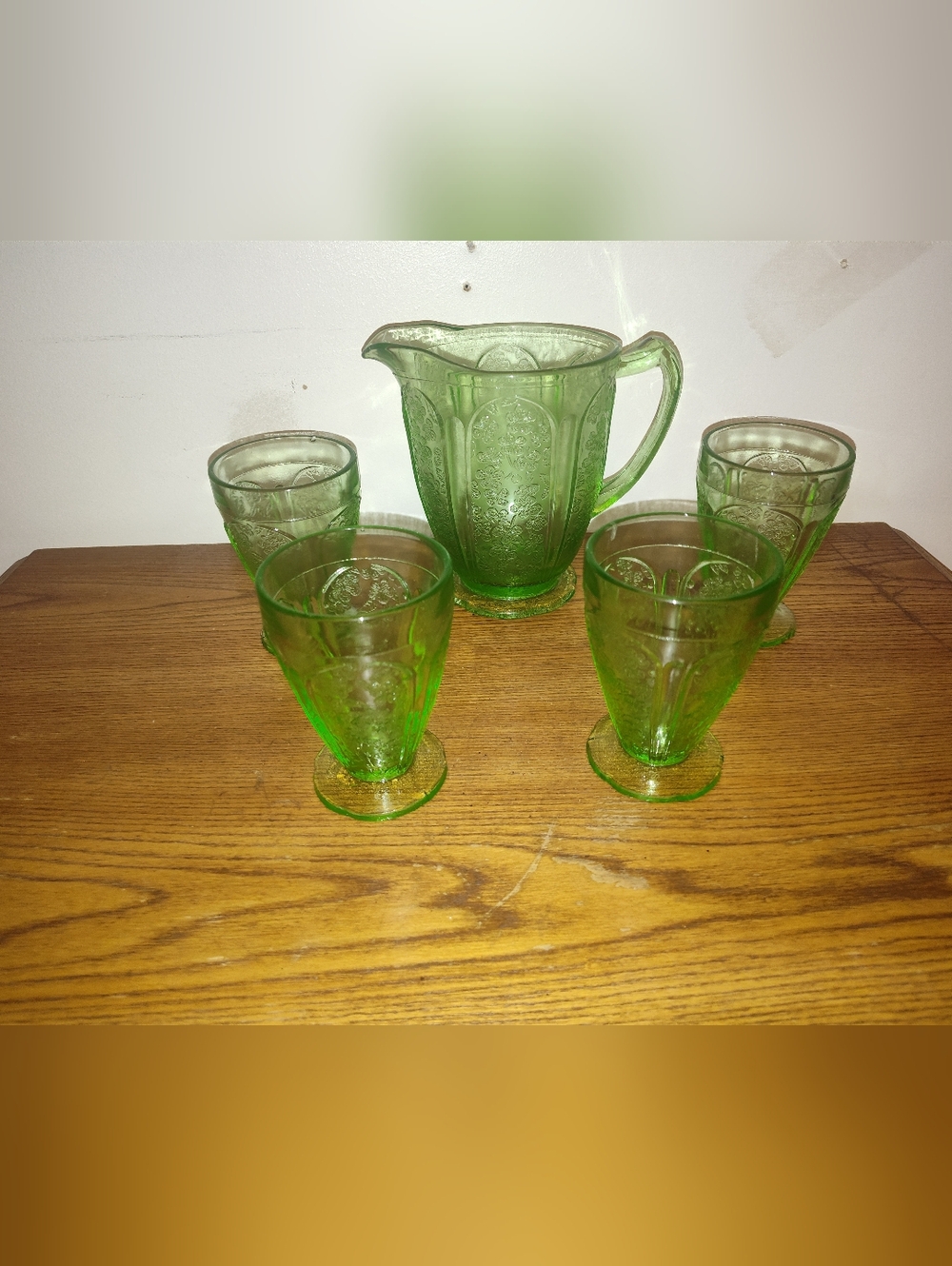 Uranium Green Pressed Glass Pitcher and 4 Glasses Set
